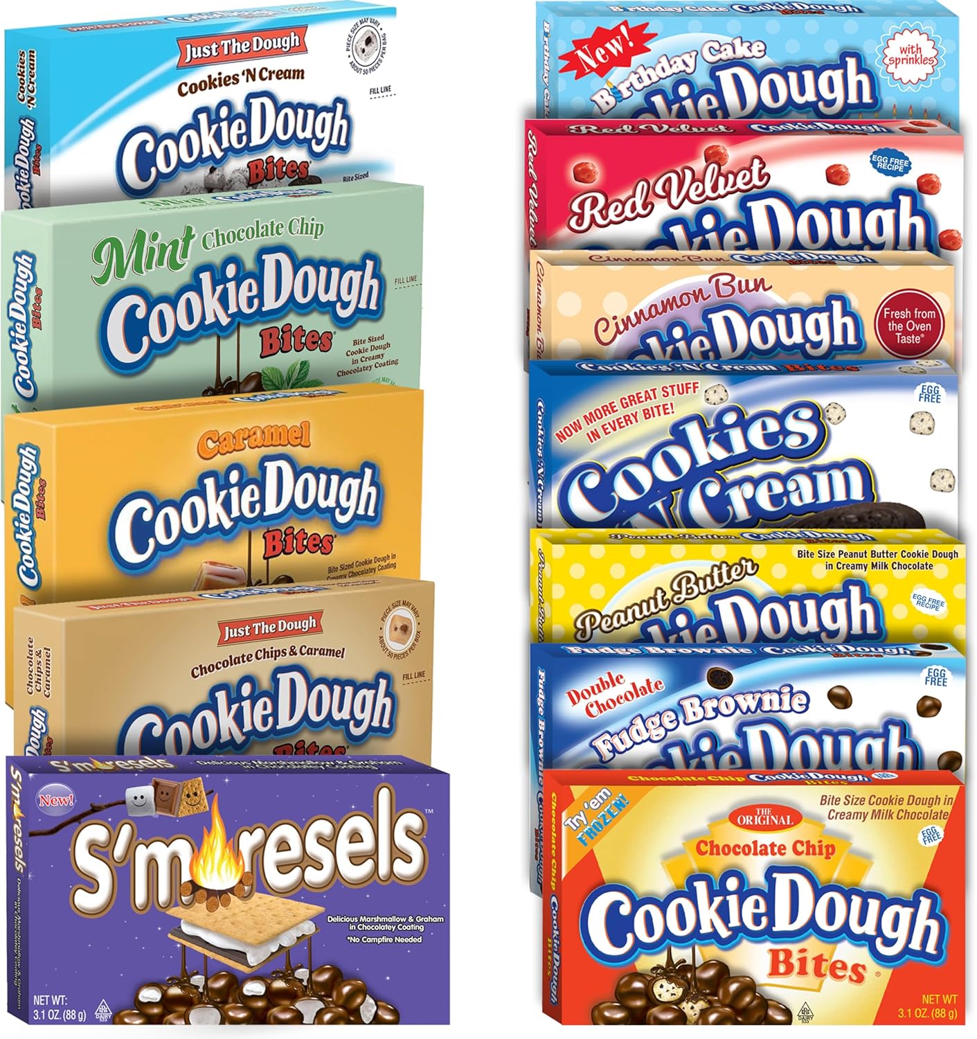 Cookie Dough Bites | 3.1 oz 12 Flavor Variety | Chocolate Chip, Birthday Cake, Caramel, Fudge Brownie, Mint, Peanut Butter, Cookies N Cream | Original Edible Cookie Dough Movie Theater Candy