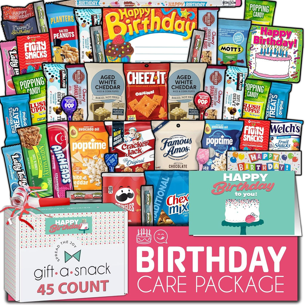 Gift A Snack - Happy Birthday Snack Box Variety Pack Care Package + Greeting Card (45 Count) Bday Sweet Treats Gift Basket, Candies Chips Crackers Bars - Office Food Assortments