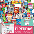 Gift A Snack - Happy Birthday Snack Box Variety Pack Care Package + Greeting Card (45 Count) Bday Sweet Treats Gift Basket, Candies Chips Crackers Bars - Office Food Assortments