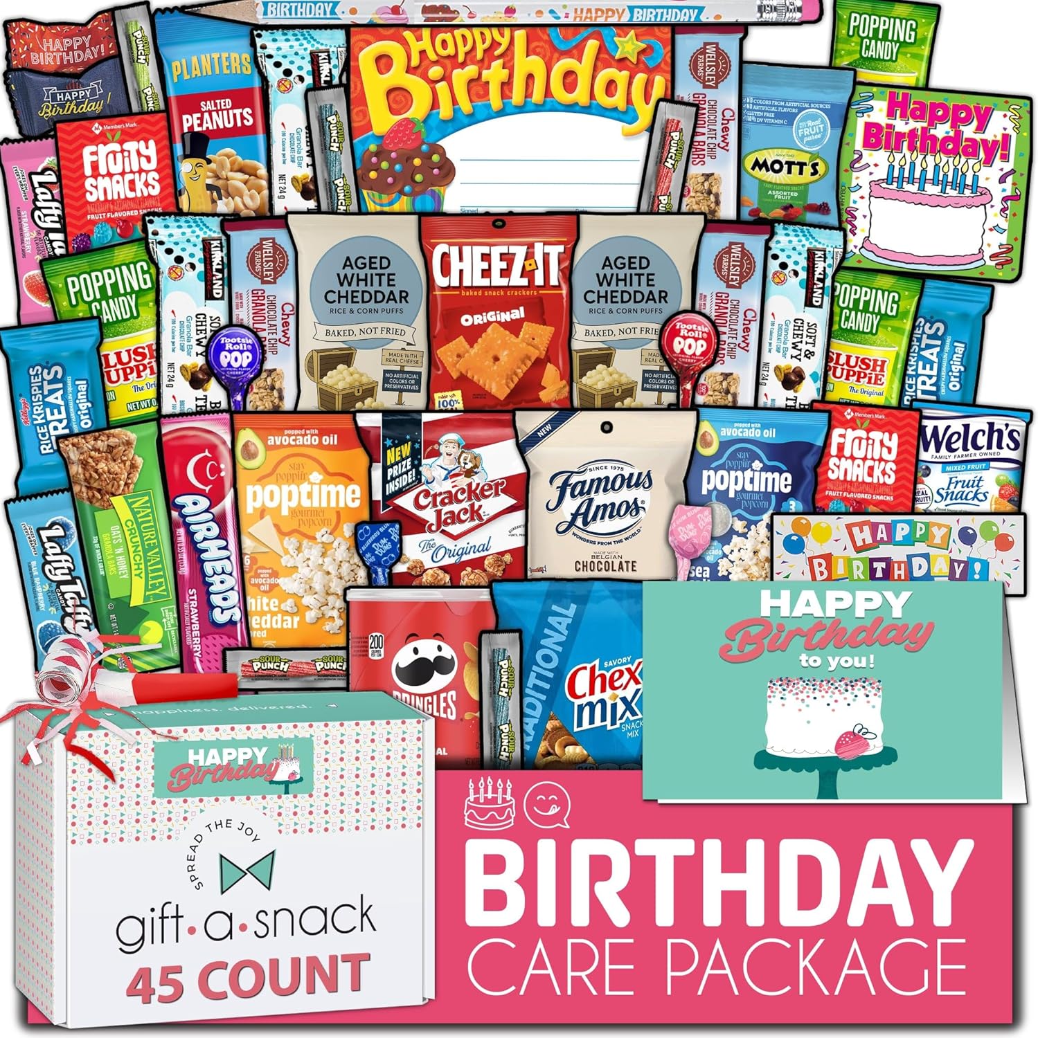 Gift A Snack - Happy Birthday Snack Box Variety Pack Care Package + Greeting Card (45 Count) Bday Sweet Treats Gift Basket, Candies Chips Crackers Bars - Office Food Assortments