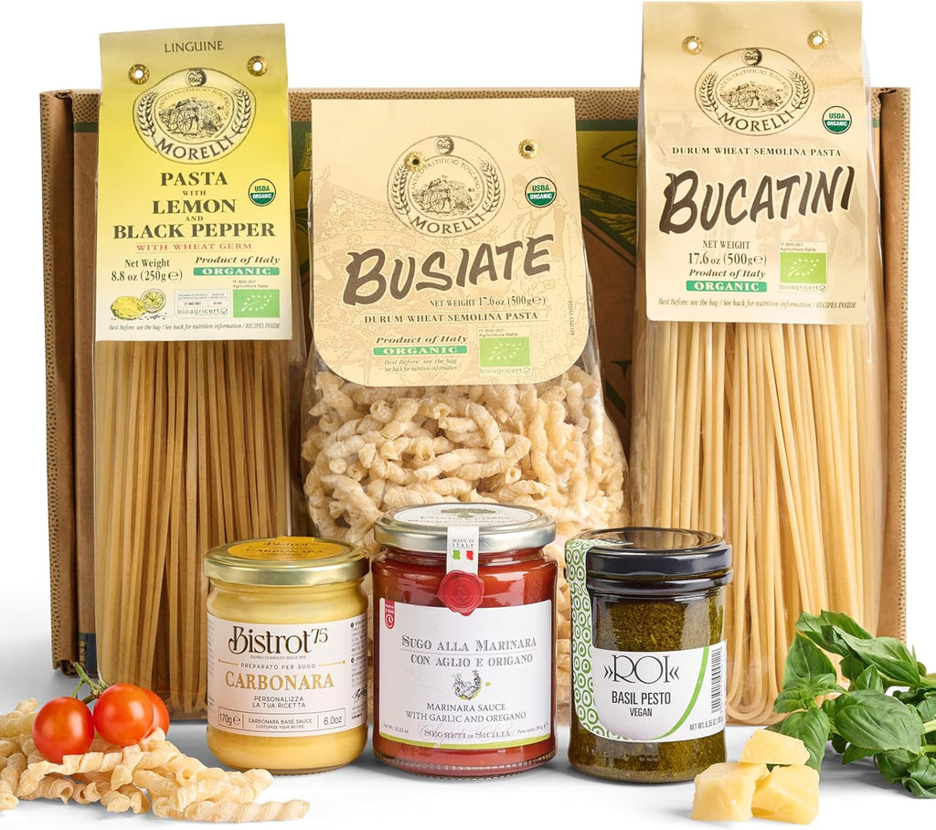 Mercato di Bellina Pasta and Sauce Trio Gourmet Food Gift Basket - 3 Organic Pastas With 3 Authentic Italian Sauces Made in Italy, Ideal Meal Kit Gift Baskets for Men, Women, & Families