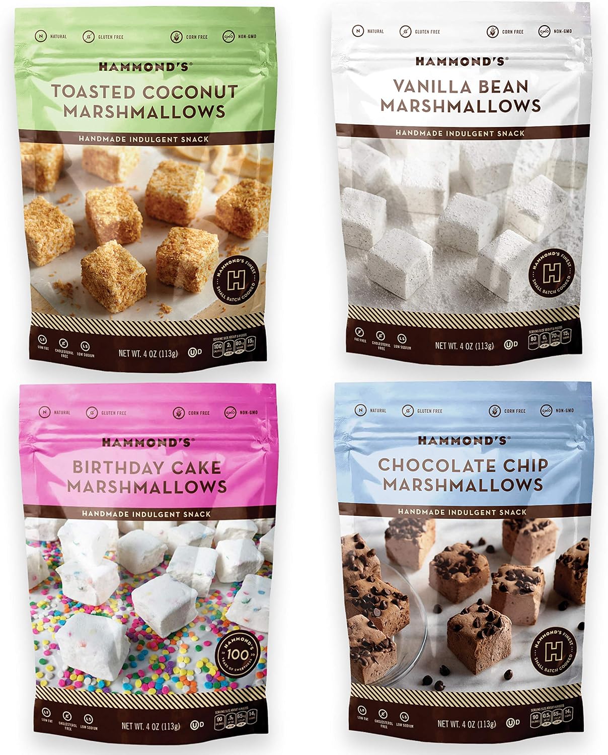 Hammond's Candies | Gourmet Variety Pack Marshmallows | 4 Bags, Great for Snacking | Hot Chocolate, S’mores and Homemade Brownies | Small Batches | Handcrafted in the USA