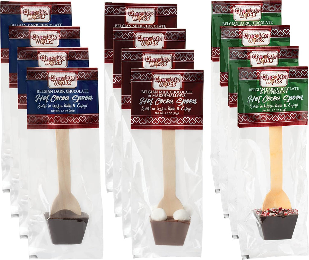 Hot Chocolate Spoons by Chocolate Works, Flavor Variety Pack - Belgian Dark Chocolate, Milk Chocolate & Marshmallows, Peppermint, Cocoa Bomb for Hot Chocolate