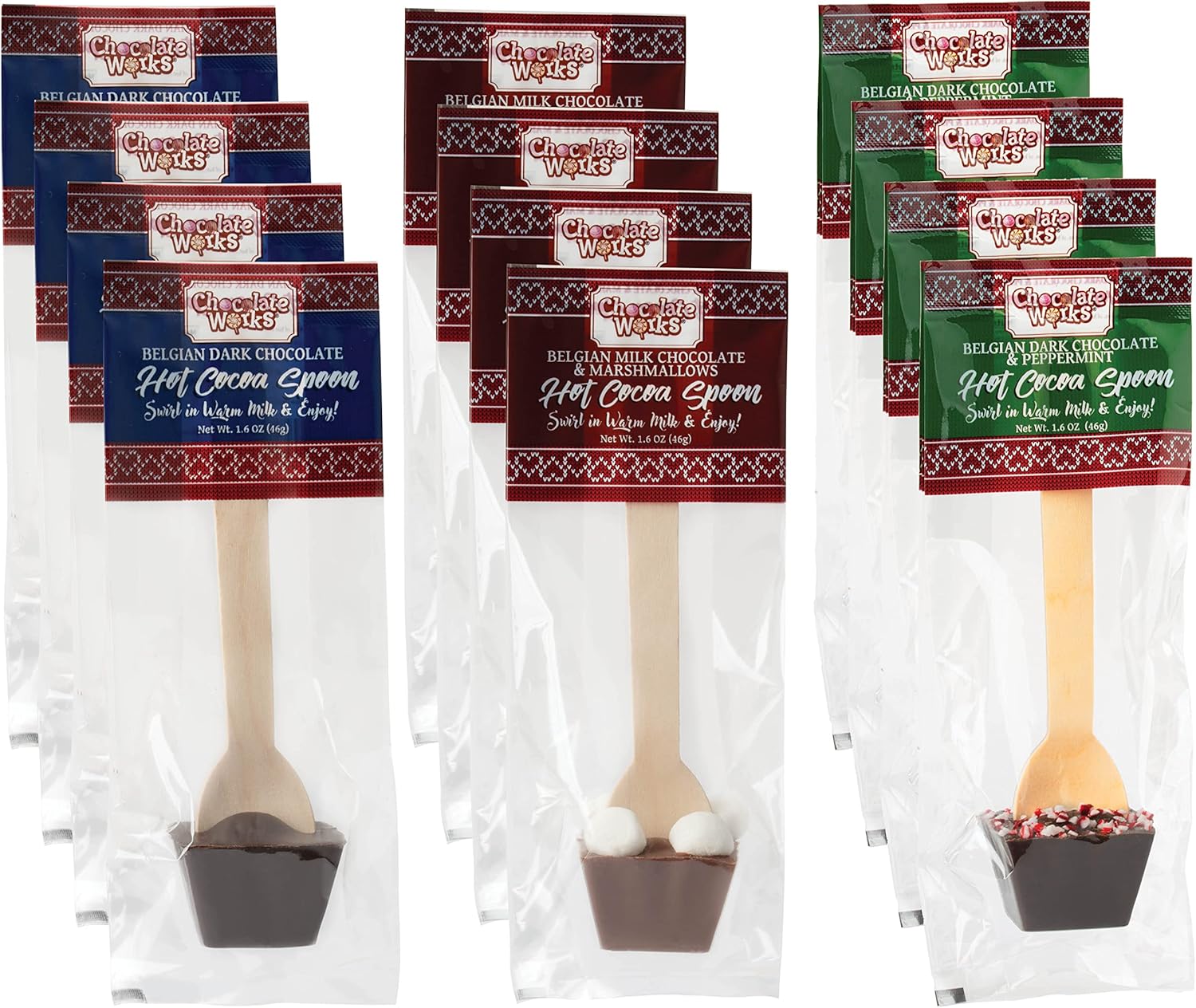 Hot Chocolate Spoons by Chocolate Works, Flavor Variety Pack - Belgian Dark Chocolate, Milk Chocolate & Marshmallows, Peppermint, Cocoa Bomb for Hot Chocolate