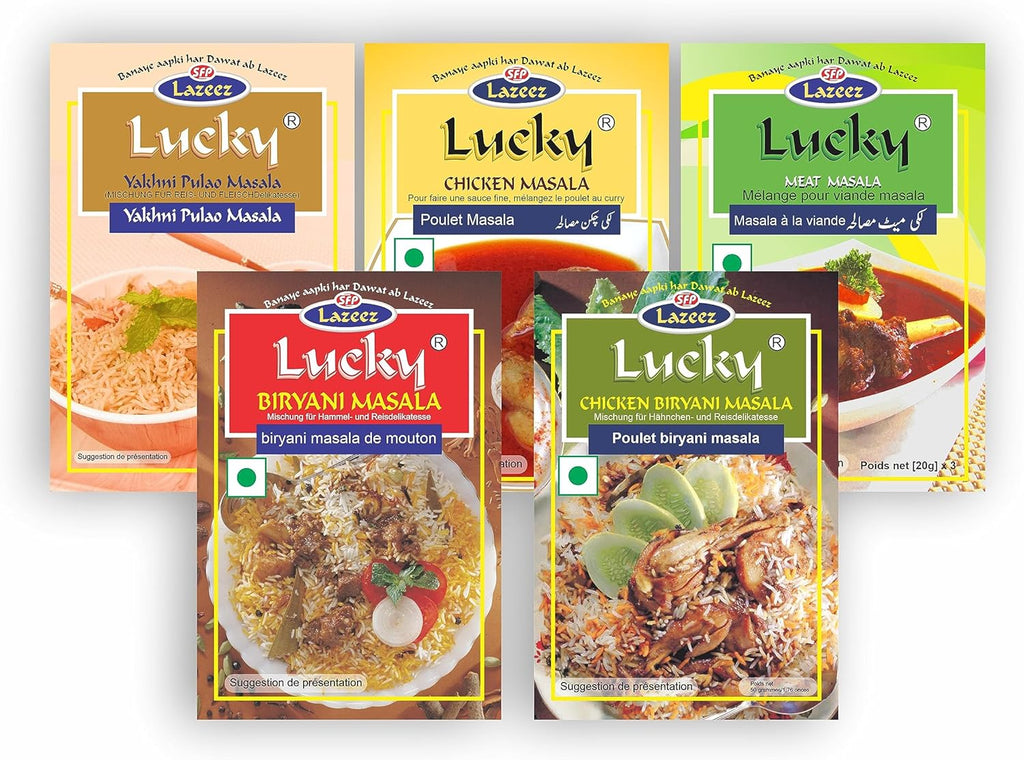 Lucky Rice And Curry Combo Pack 1.7 oz., Pulao, Biryani Masala, Chicken Biryani Masala, Meat Masala, Chicken Masala