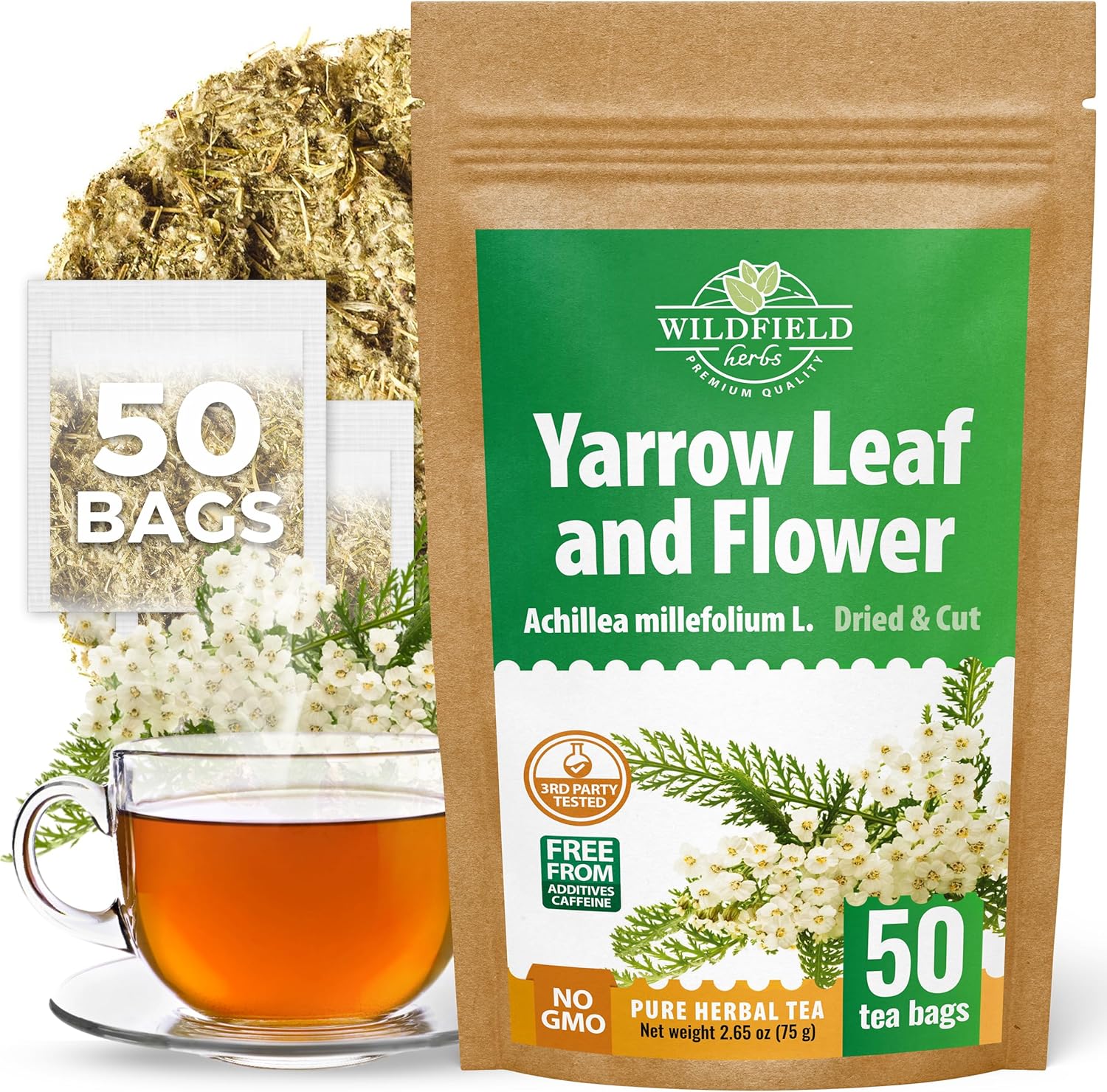 50 Bags Yarrow Herb Dried Yarrow Leaf & Flower Herbal Tea (Achillea Millefolium Tea) - 50 Count 1.5g Bags Herb Tea Milenrama Hojas