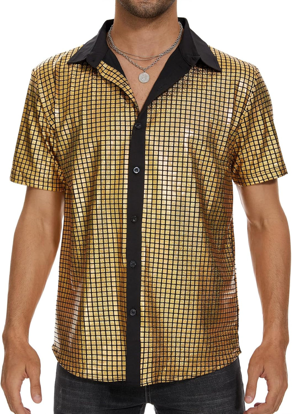 Zando Men's Sequin 70s 80s Disco Shirt - Retro Short Sleeve Button Up Costume Halloween New Year Party Outfit Top & Clubwear