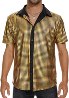Zando Men's Sequin 70s 80s Disco Shirt - Retro Short Sleeve Button Up Costume Halloween New Year Party Outfit Top & Clubwear