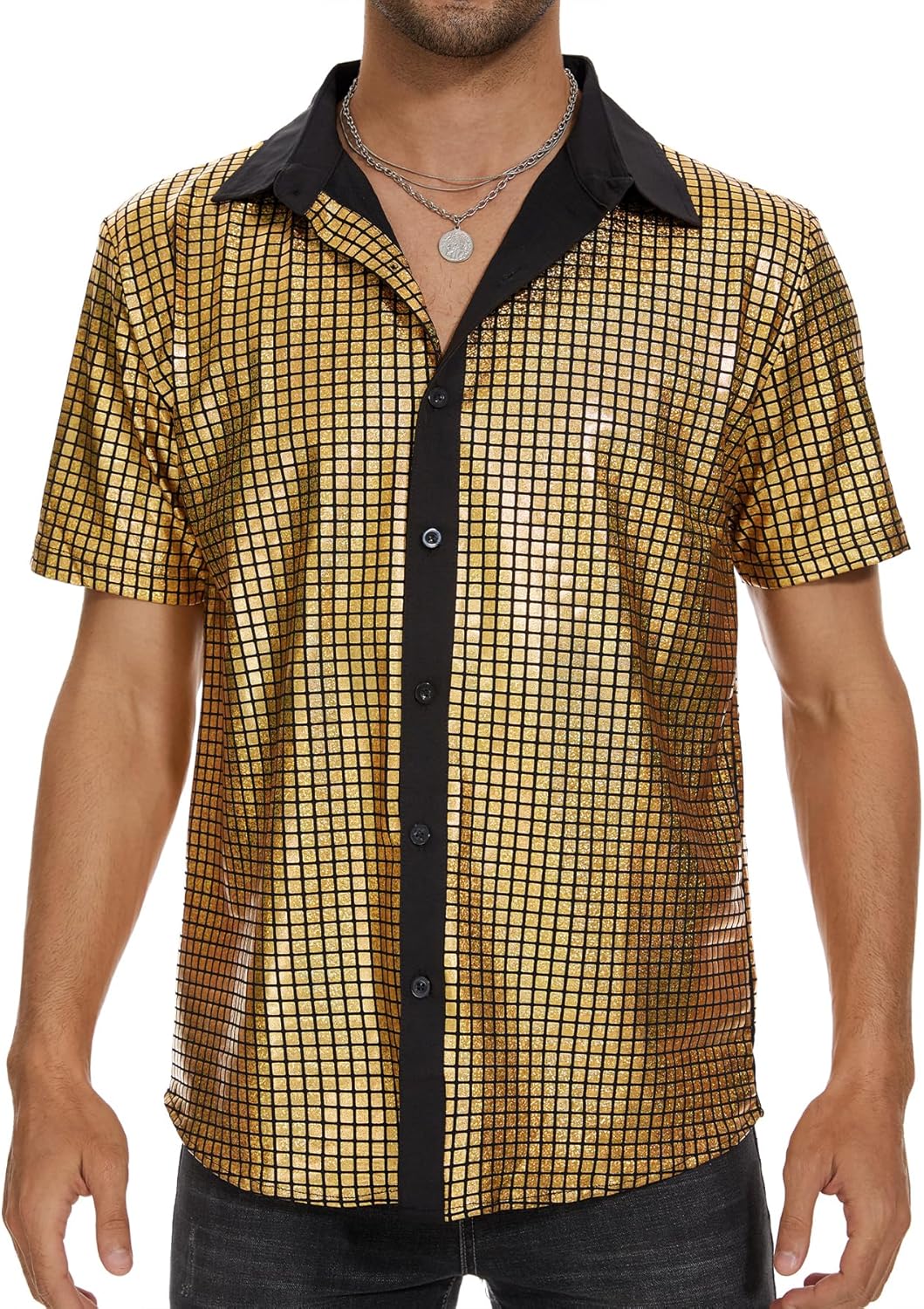 Zando Men's Sequin 70s 80s Disco Shirt - Retro Short Sleeve Button Up Costume Halloween New Year Party Outfit Top & Clubwear