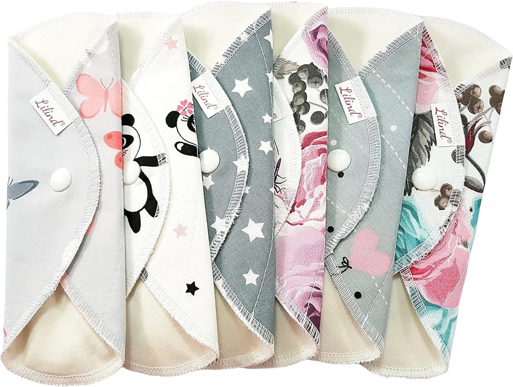 Lilind® 6 Pack Everyday Pantyliners, Organic Cloth Pads, Reusable Menstrual Sanitary Napkins, 100% Cotton, Random Flowers