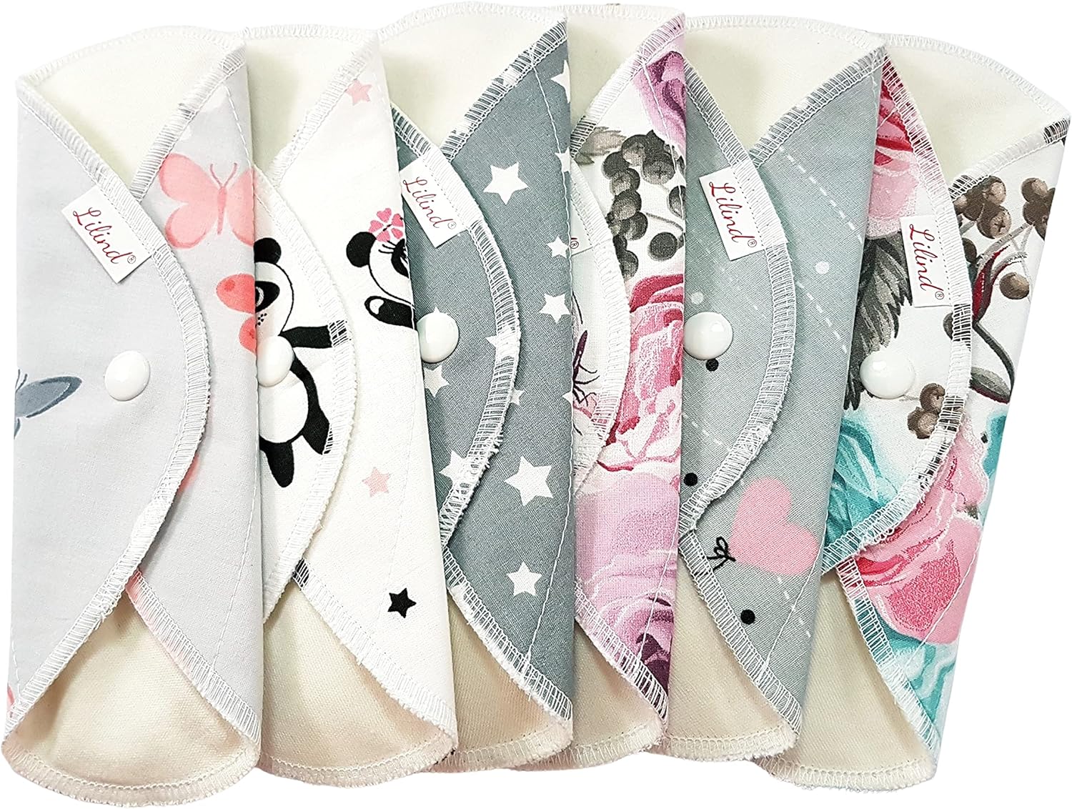 Lilind® 6 Pack Everyday Pantyliners, Organic Cloth Pads, Reusable Menstrual Sanitary Napkins, 100% Cotton, Random Flowers