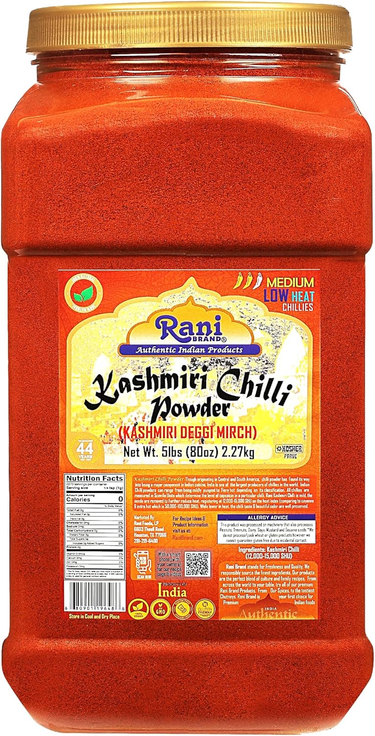 Rani Kashmiri Chilli Powder (Deggi Mirch, Low Heat) Ground Indian Spice 80oz (5lbs) 2.27kg PET Jar ~ All Natural | Salt-Free | Vegan | No Colors | Gluten Friendly | NON-GMO | Kosher | Indian Origin