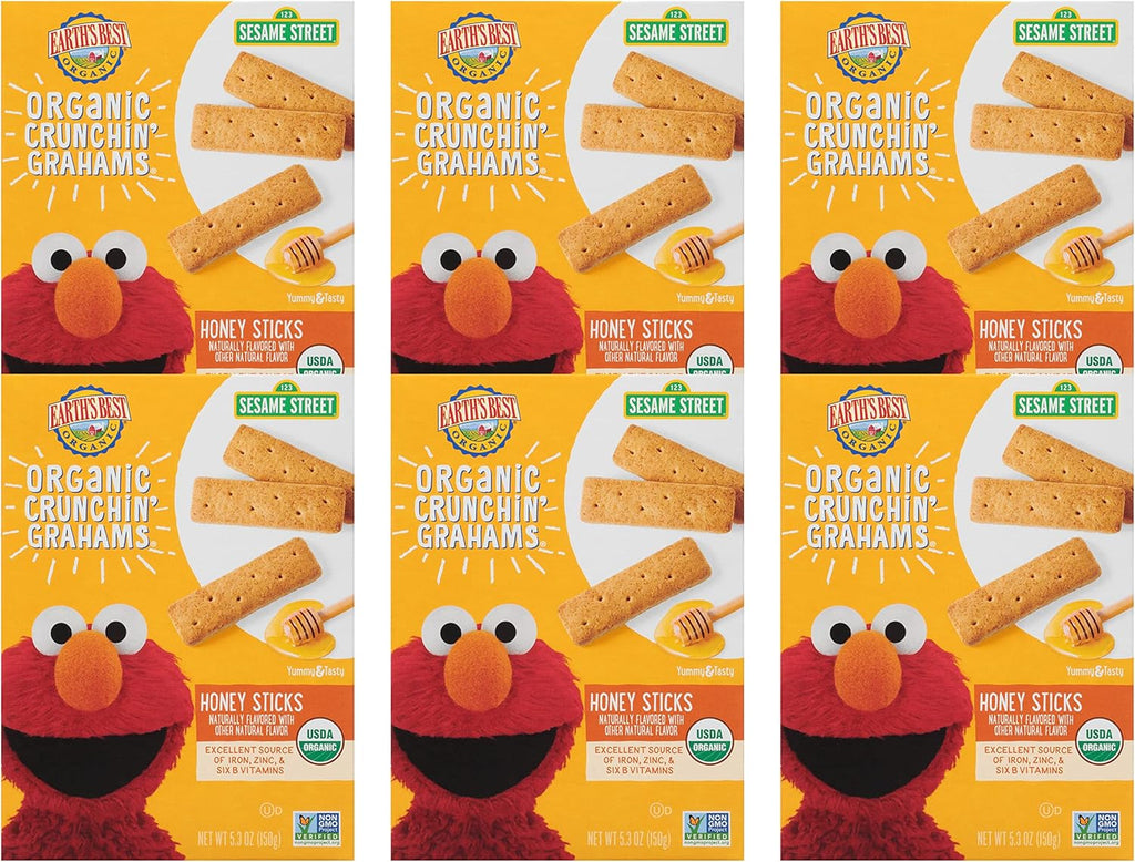 Earth's Best Organic Kids Snacks, Sesame Street Toddler Snacks, Organic Crunchin' Grahams for Toddlers 2 Years and Older, Honey Sticks with other Natural Flavors, 5.3 oz Box (Pack of 6)