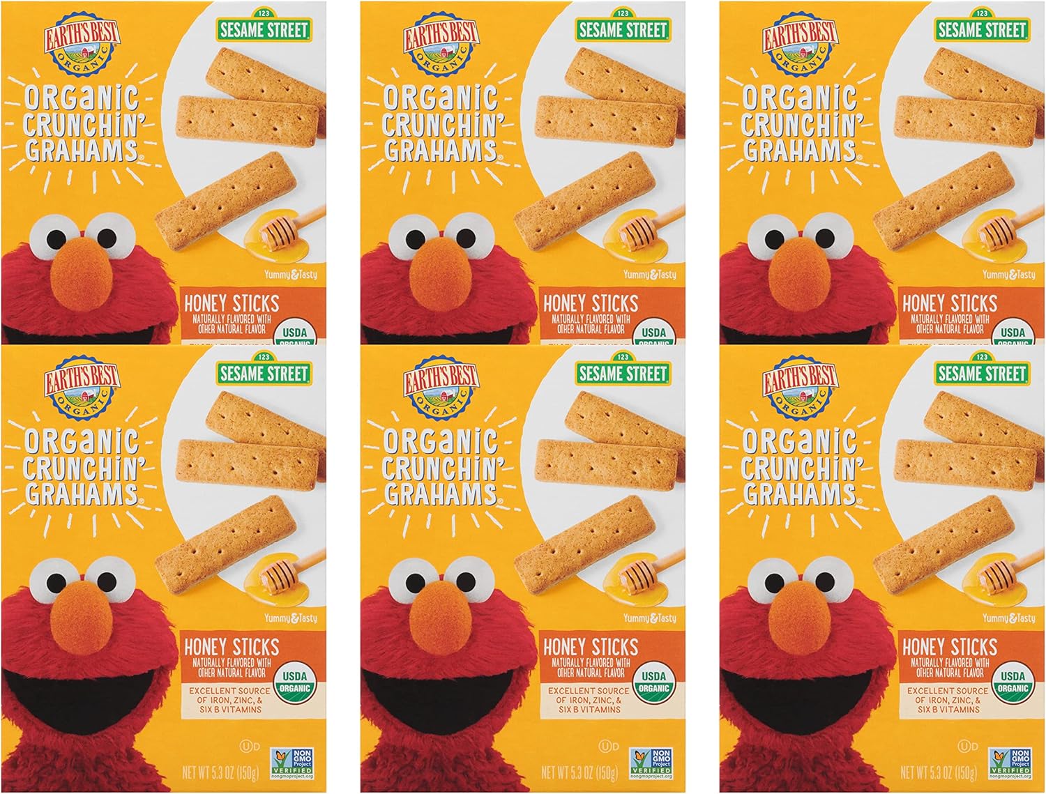 Earth's Best Organic Kids Snacks, Sesame Street Toddler Snacks, Organic Crunchin' Grahams for Toddlers 2 Years and Older, Honey Sticks with other Natural Flavors, 5.3 oz Box (Pack of 6)