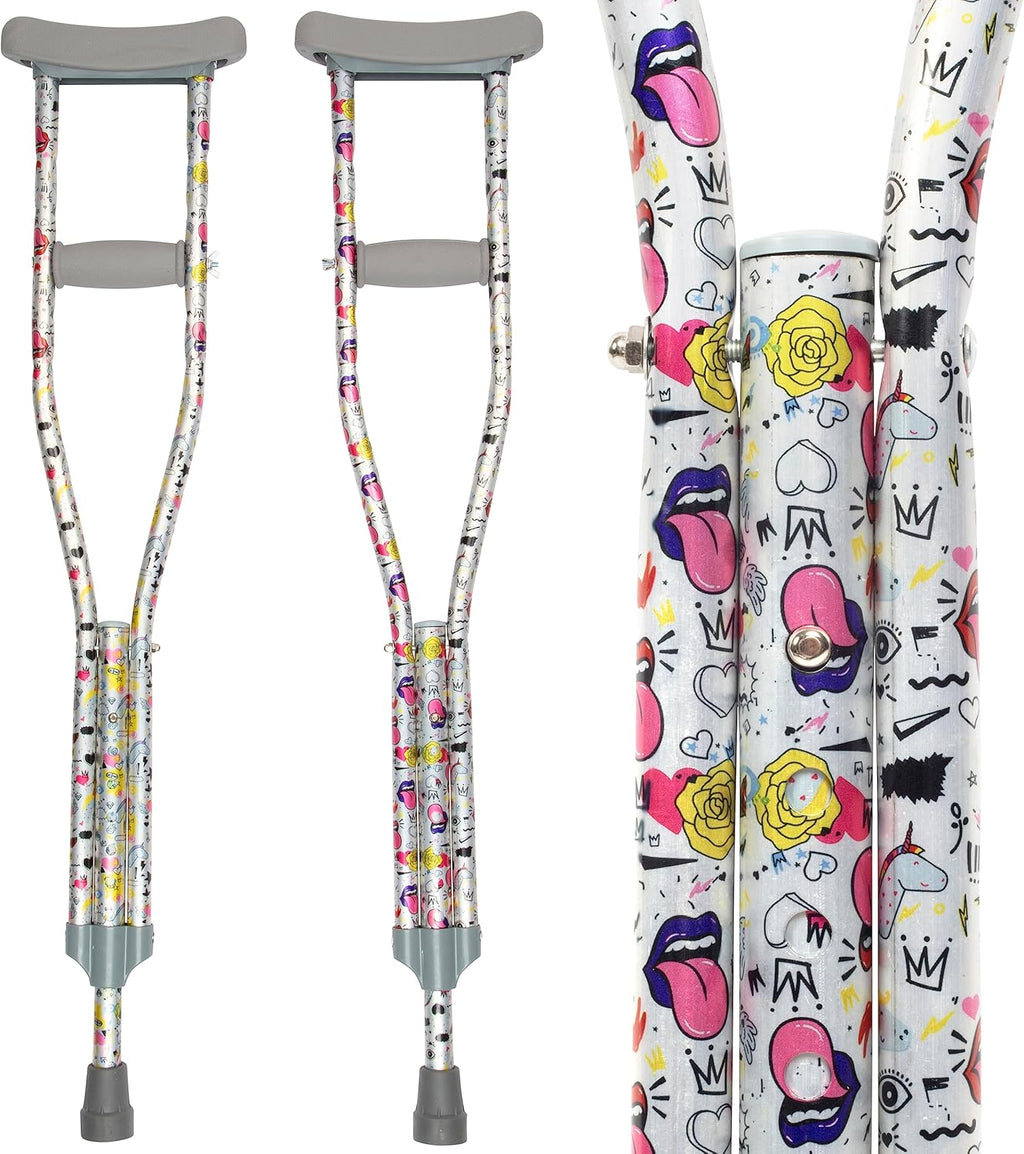 SCS Direct My Crutches - Youth Junior for Kids with Adjustable Handgrip and Length! Children 3'9" to 4'5" Made of Lightweight, Durable Aluminum with Underarm Padding Doodle Pattern