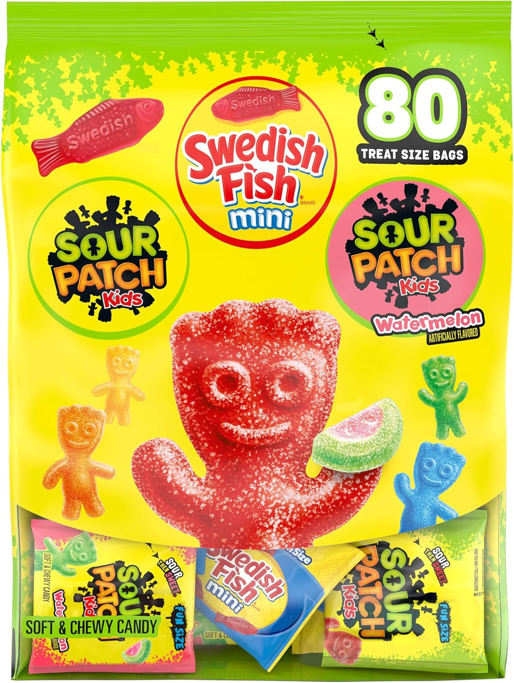 SOUR PATCH KIDS and SWEDISH FISH Mini Soft & Chewy Gummy Candy Variety Pack, Bulk Candy, 80 Treat-Size Snack Packs