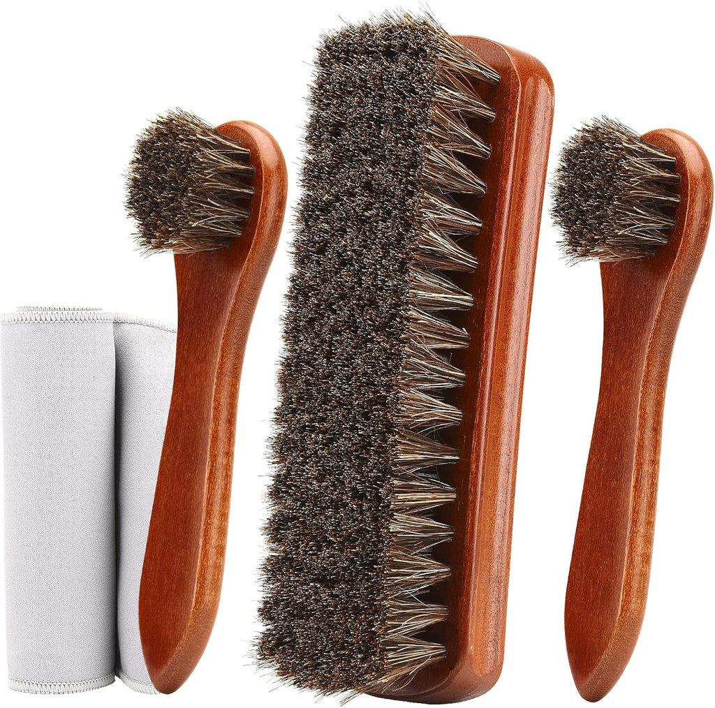 Unekez 4-Piece Horsehair Shoe Brush Shine Kit, Shoe Polish Kit, Leather Shoes Boot Cleaning Brush Care Clean Dauber Applicators