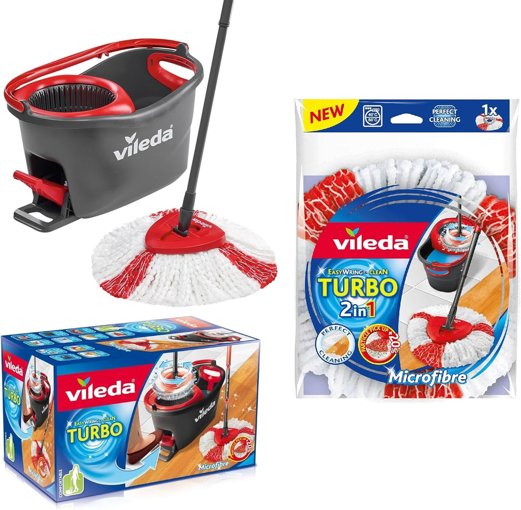 Vileda Turbo EasyWring & Clean Complete Set, Mop with Bucket and Power Spinner Plus Replacement Head Turbo
