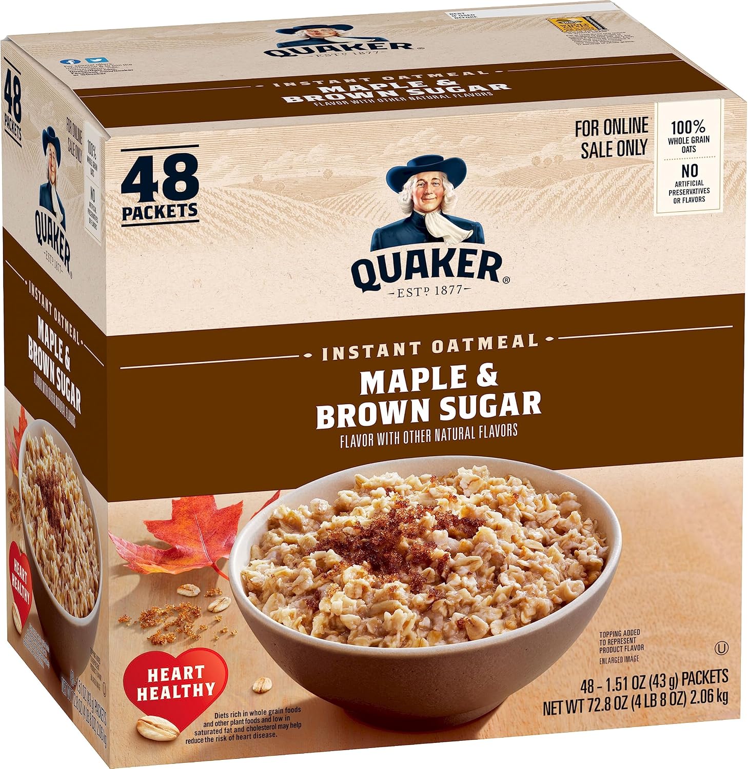 Quaker Instant Oatmeal, Maple & Brown Sugar, Individual Packets, 1.51 Ounce (Pack of 48)