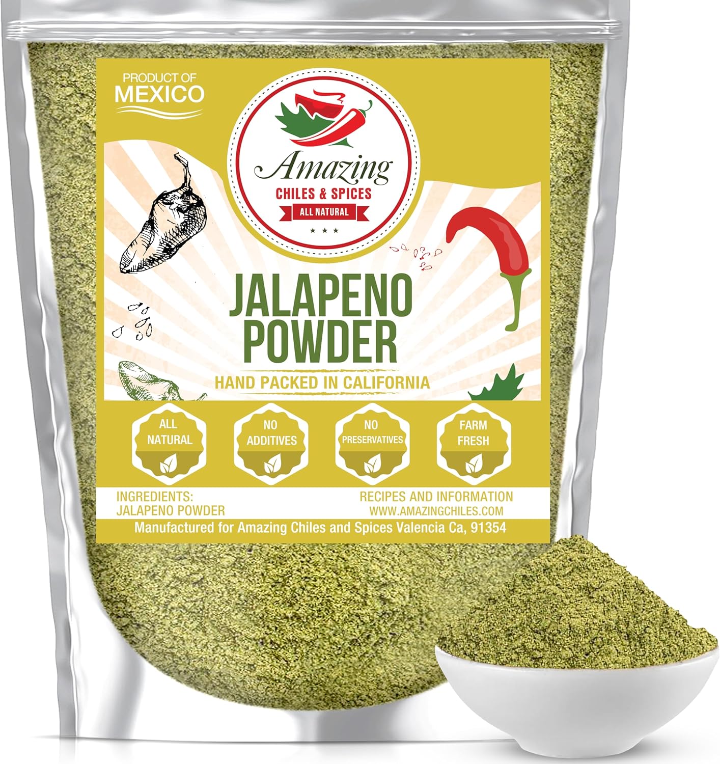 Jalapeno Powder Seasoning 8oz – Natural and Premium. Great For Chili, Salsa, Spice Blends, Stews, Tacos, Corn Bread. Medium to High Heat - fruity, spicy hot flavor. By Amazing Chiles & Spices.