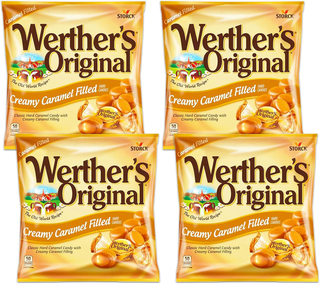 Werther's Original Creamy Caramel Filled Hard Candies - Individually Wrapped Hard Candies for Halloween, Parties, or Snacks - 2.65 oz Bags (Pack of 4)