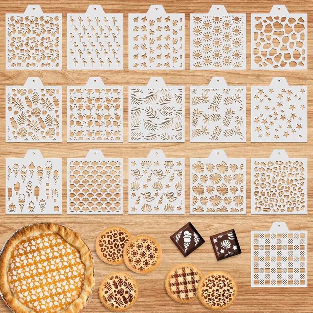 Whaline 16Pcs Summer Cookie Stencil Set Hawaiian Baking Stencils Templates Tropical Pineapple Flamingo Ice Cream Leaves Star Plaids Painting Stencil for Home Party Cake Biscuit Candy Coffee Decor