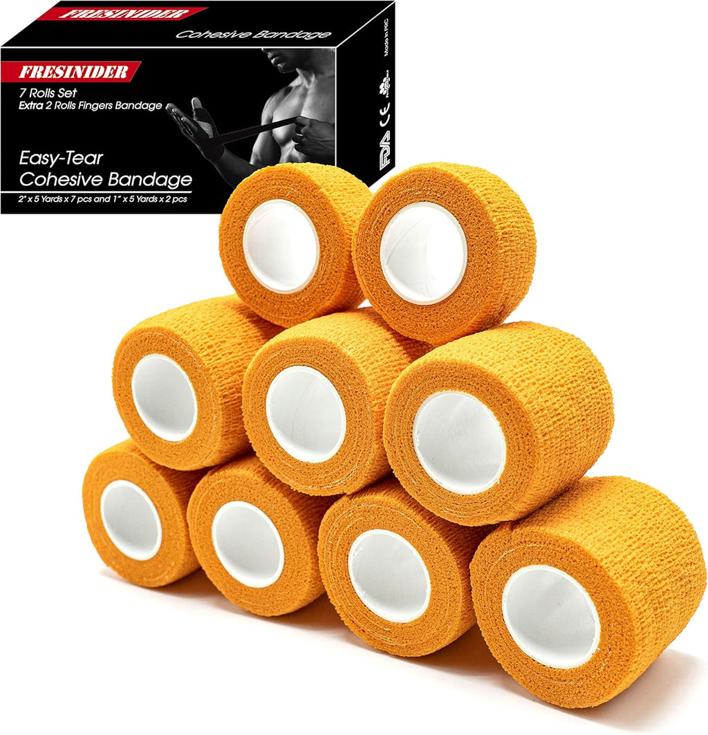 FRESINIDER 9 Rolls Self Adhesive Wrap Athletic Tape Gauze, Breathable Elastic Cohesive Bandage for Sports Injury & Pet (7 Pcs 2" x 5 Yards + 2 Pcs 1" X 5 Yards) (Orange)
