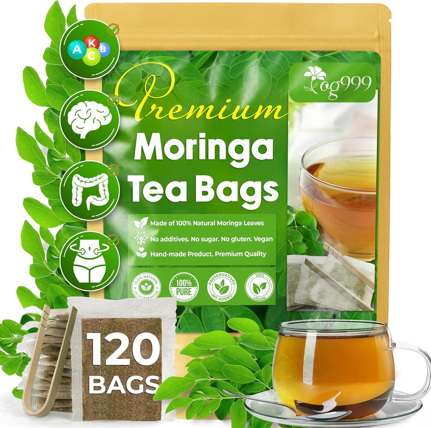 TOG999, Premium 120 Moringa Leaf Tea Bags, 100% Natural & Pure. Loose Leaf Moringa Herbal Tea. No Sugar, No Caffeine, No Gluten, Vegan.