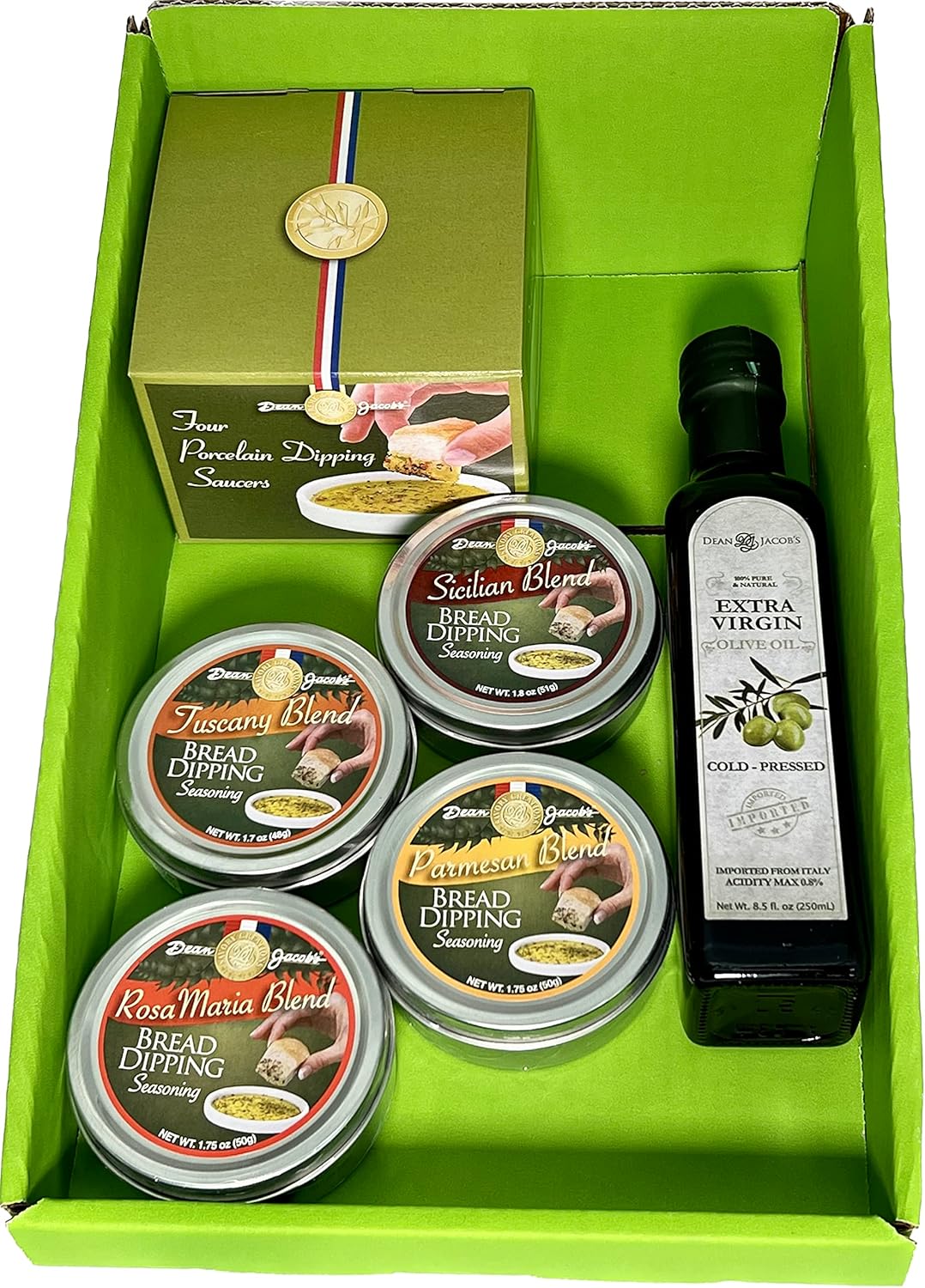 Dean Jacob's 9 pc. Collection with 4 Bread Dipping Tins, Saucers & Cold Pressed Olive Oil