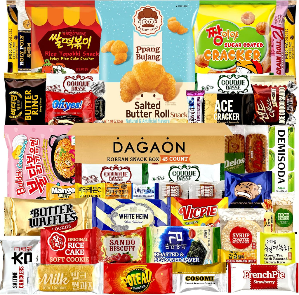 DAGAON Korean Snack Box 45 Count – Variety Snacks Including Korean’s Chips, Biscuits, Cookies, Pies, Candies. Appetizing Korean treats for any occasions, gifts and everyone.