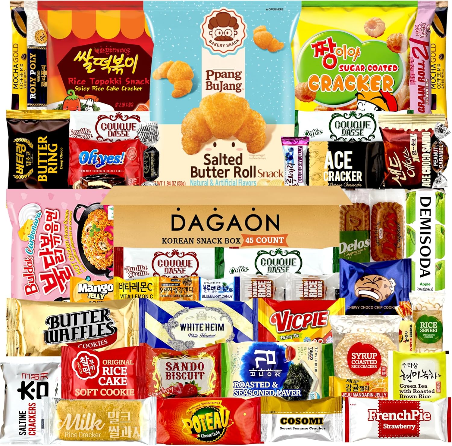 DAGAON Korean Snack Box 45 Count – Variety Snacks Including Korean’s Chips, Biscuits, Cookies, Pies, Candies. Appetizing Korean treats for any occasions, gifts and everyone.