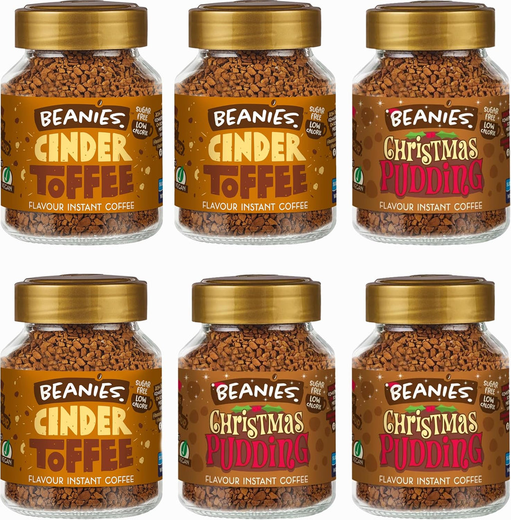 Beanies Festive Favourites Flavoured Instant Coffee Variety Pack 300g (6 x 50g Jars) – Includes Cinder Toffee & Christmas Pudding - Sugar Free, Low Calorie, Vegan & Gluten Free