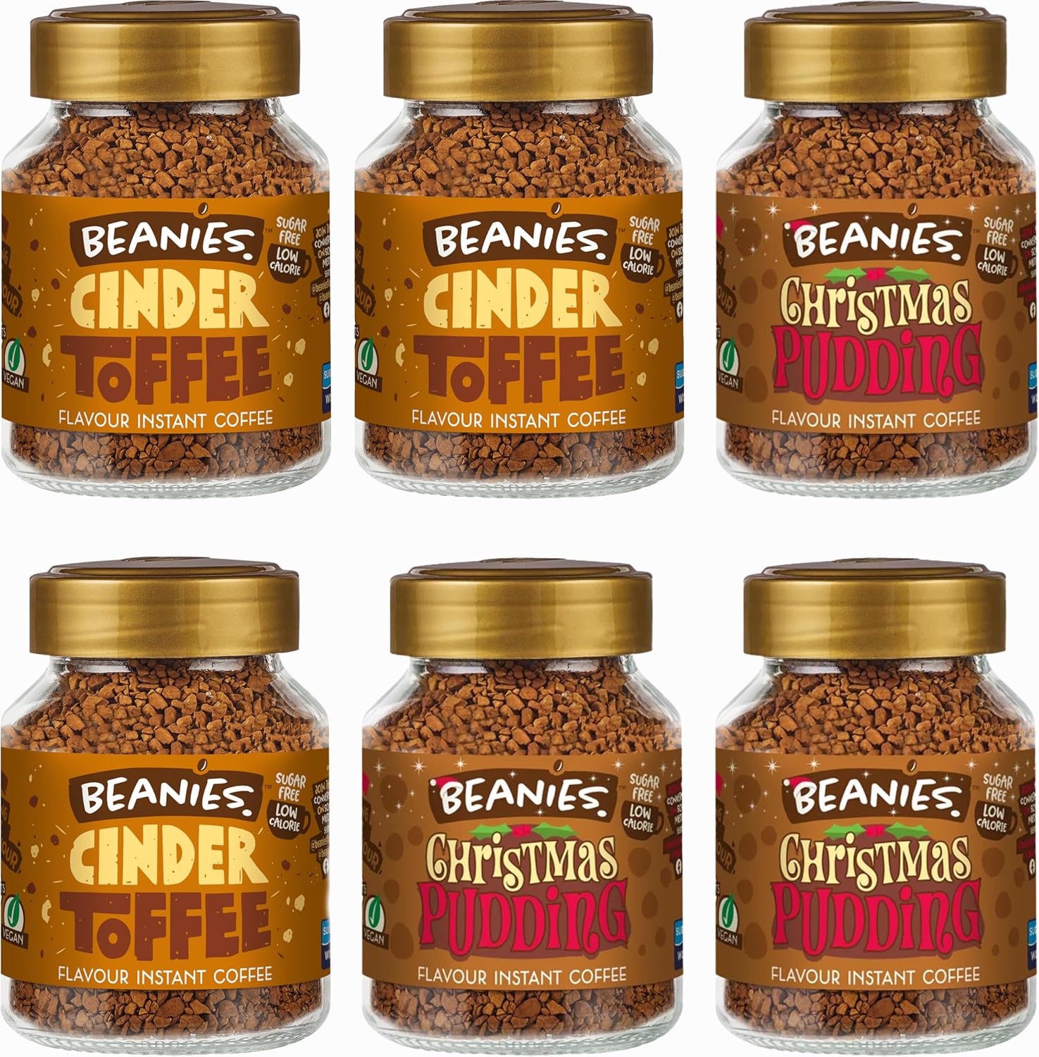 Beanies Festive Favourites Flavoured Instant Coffee Variety Pack 300g (6 x 50g Jars) – Includes Cinder Toffee & Christmas Pudding - Sugar Free, Low Calorie, Vegan & Gluten Free