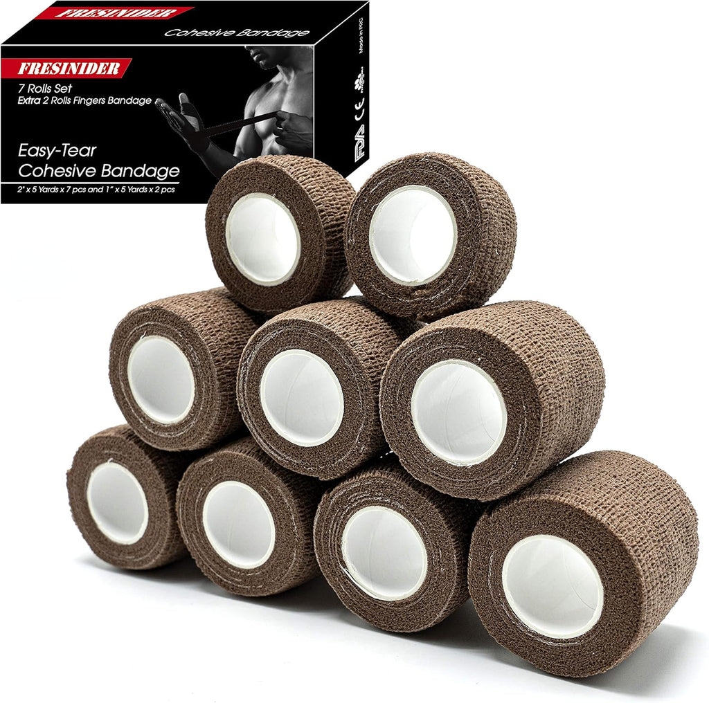 FRESINIDER 9 Rolls Self Adhesive Wrap Athletic Tape Gauze, Breathable Elastic Cohesive Bandage for Sports Injury & Pet (7 Pcs 2" x 5 Yards + 2 Pcs 1" X 5 Yards) (Brown)