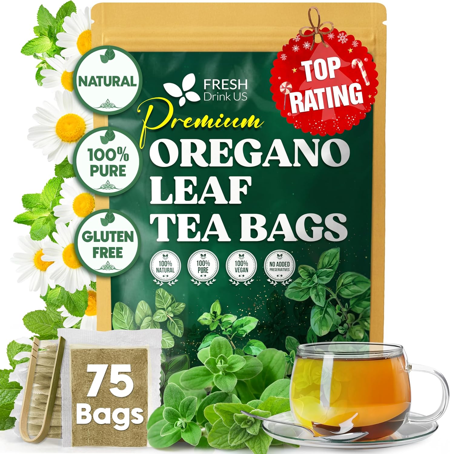 FreshDrinkUS, Oregano Leaf Tea | 75 Tea Bags – Pure Herbal Infusion from Origanum vulgare - Naturally Bold & Aromatic Flavor - Premium Quality, Sustainably Sourced. Vegan