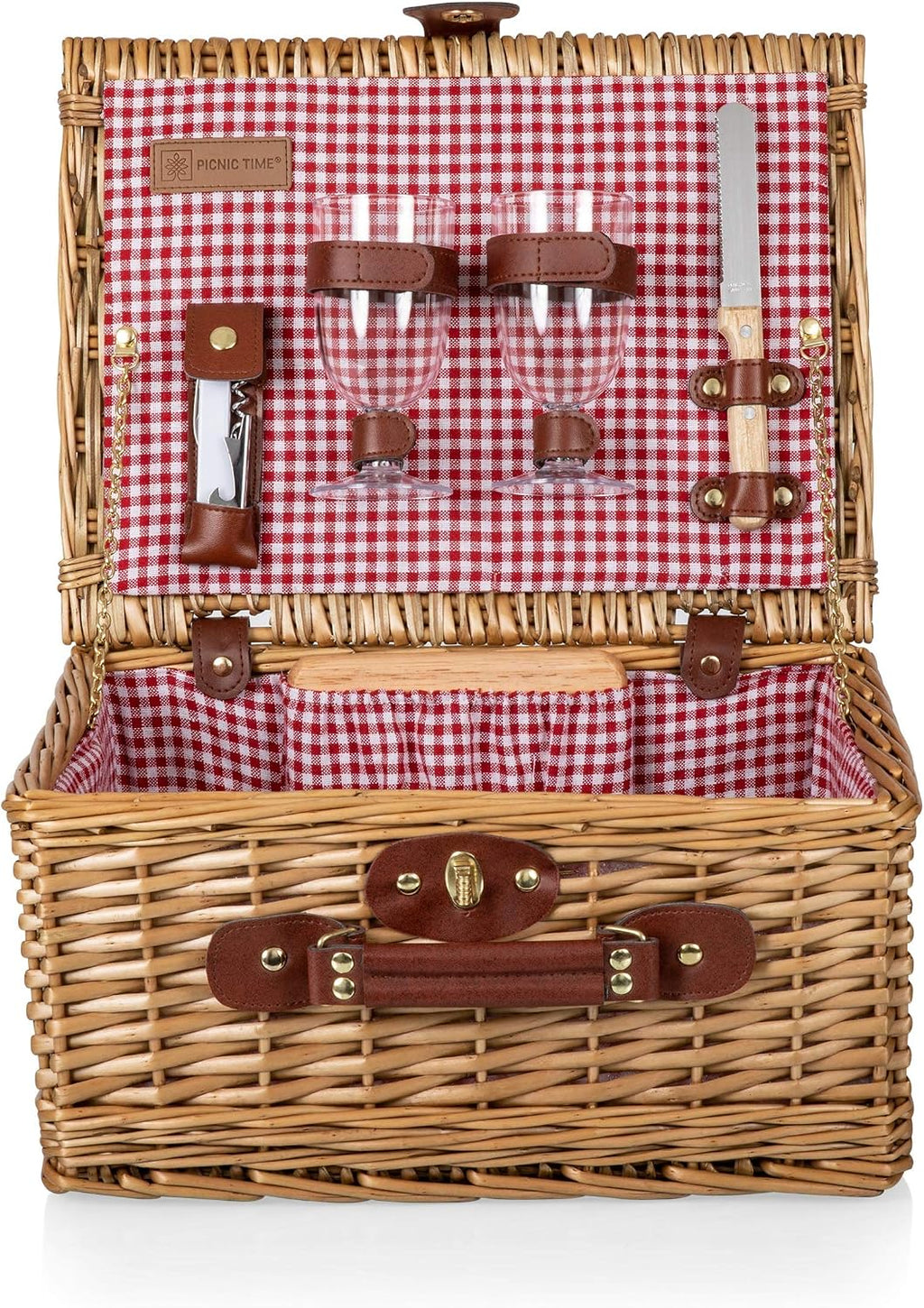PICNIC TIME Classic Wine & Cheese Picnic Basket, Romantic English-Style Wooden Basket, Deluxe Service for 2 with Fully-Lined Interior, Leatherette Buckle and Handle, (Red & White Gingham Pattern)