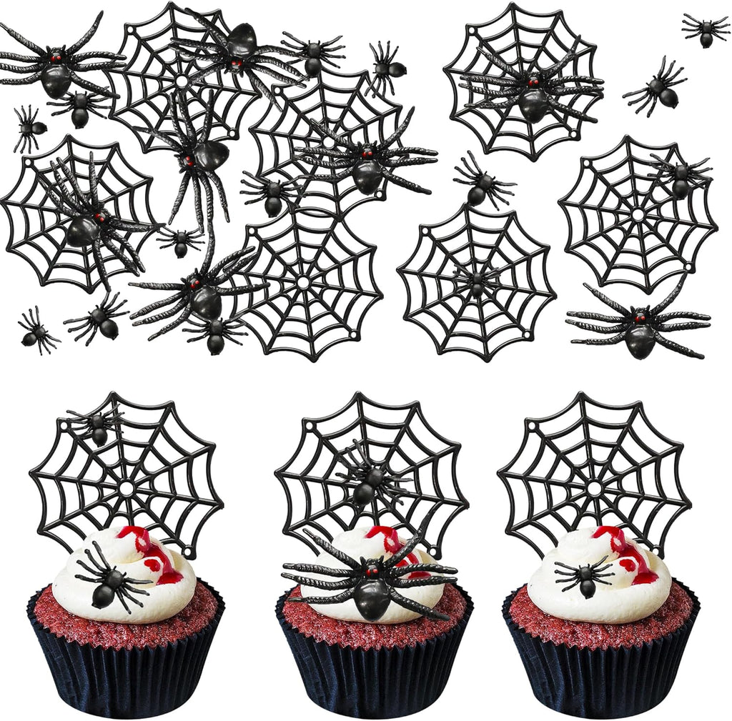 Gyufise 20Pcs Realistic Spider Figures Cake Toppers Tarantula Figurines Net Cake Decorations for Halloween Theme Kids Babyshower Party Decorations Supplies