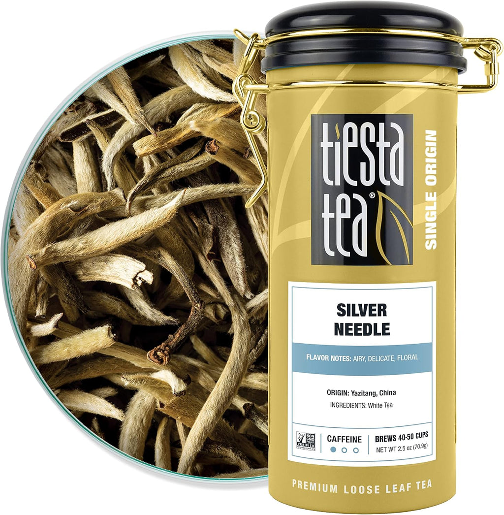 Tiesta Tea Silver Needle White Tea – Premium Loose Leaf, Single-Origin from China | Pure Unblended Low-Caffeine Tea | Hot or Cold Brew | 2.5oz Refillable Tin | Brews 50 Cups