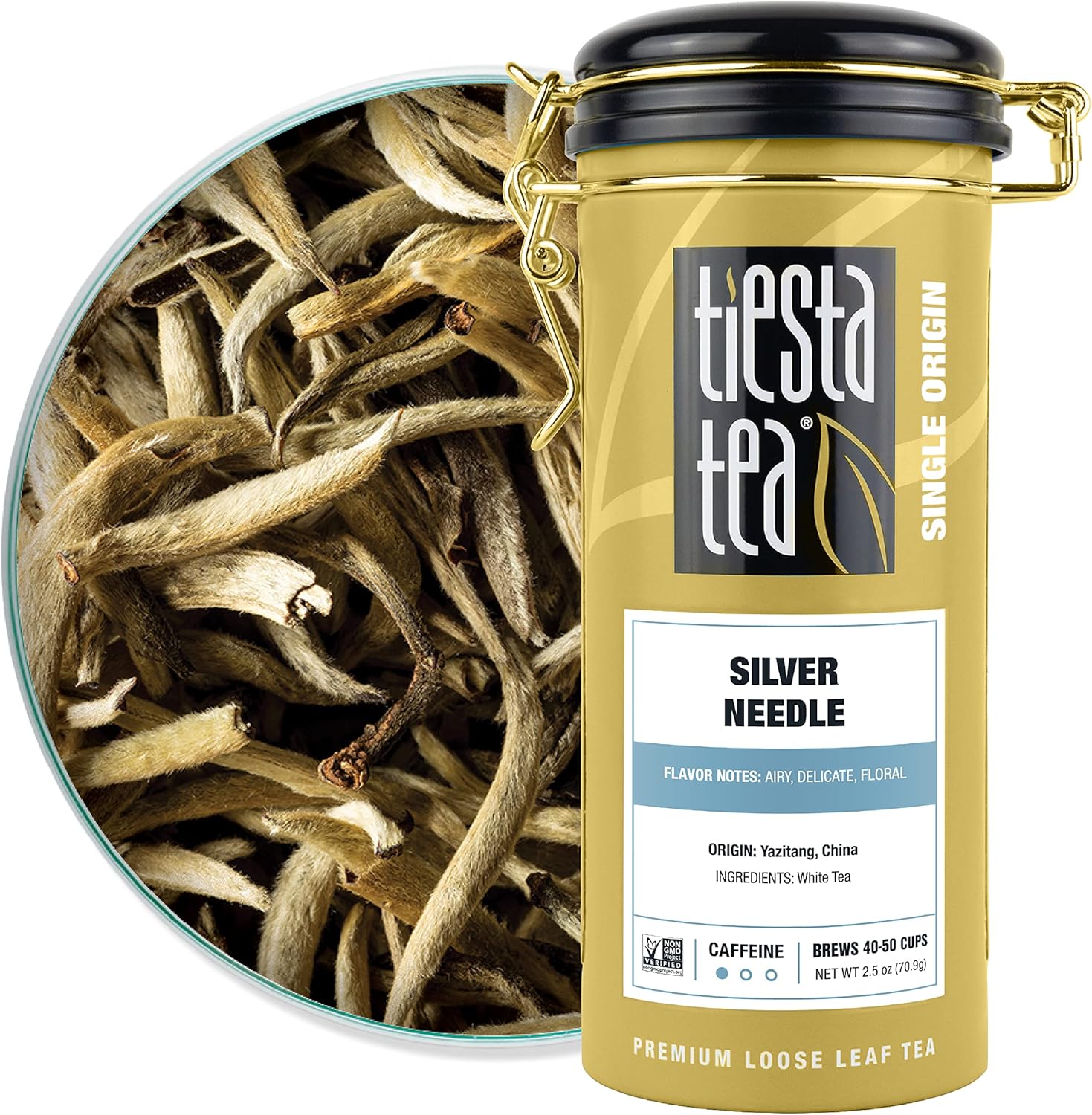 Tiesta Tea Silver Needle White Tea – Premium Loose Leaf, Single-Origin from China | Pure Unblended Low-Caffeine Tea | Hot or Cold Brew | 2.5oz Refillable Tin | Brews 50 Cups
