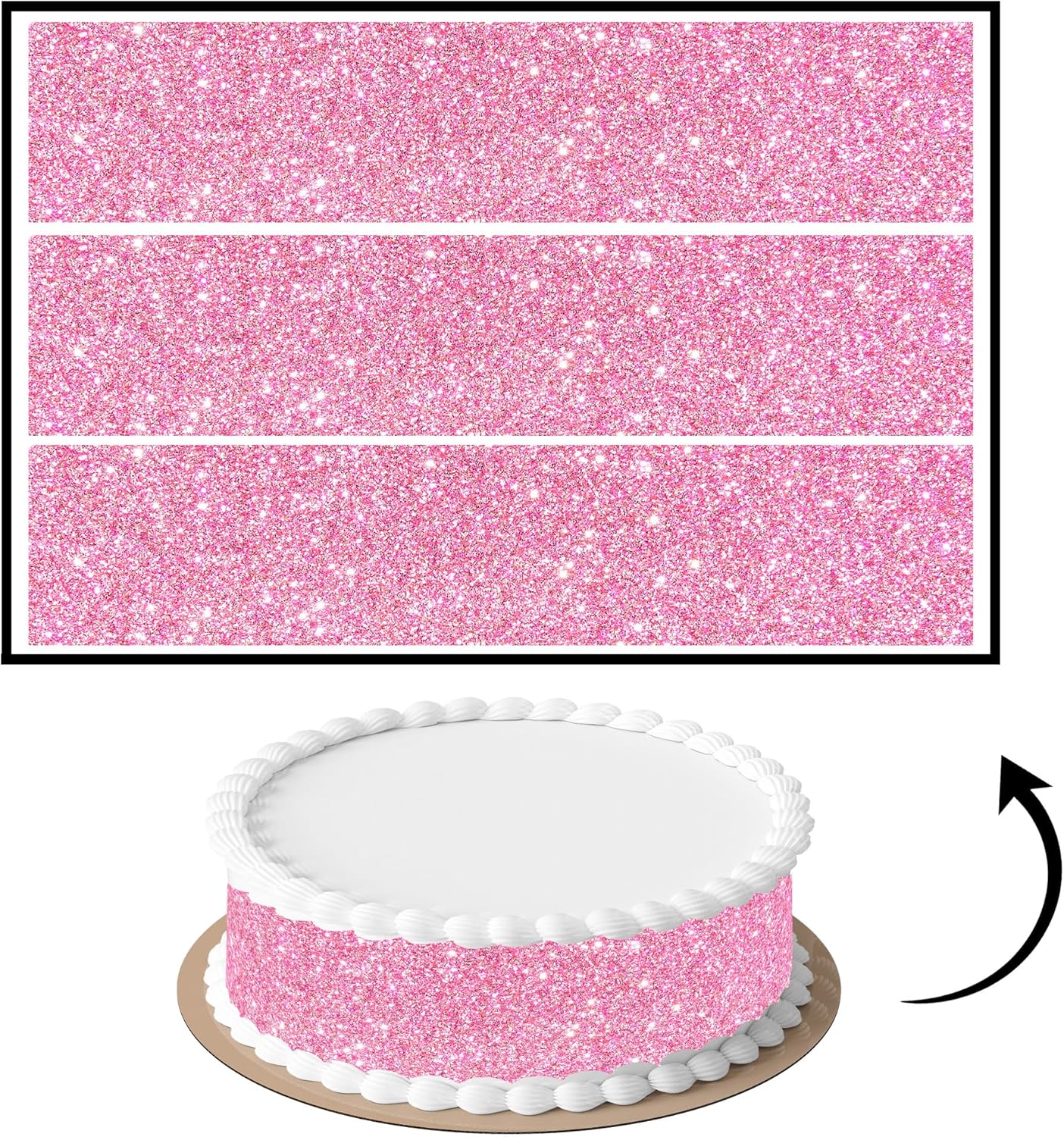 3 pcs Rose Pink Glitter Cake Strips Edible birthday cake strips, cake side borders, Icing Sheets 2.7X11.8