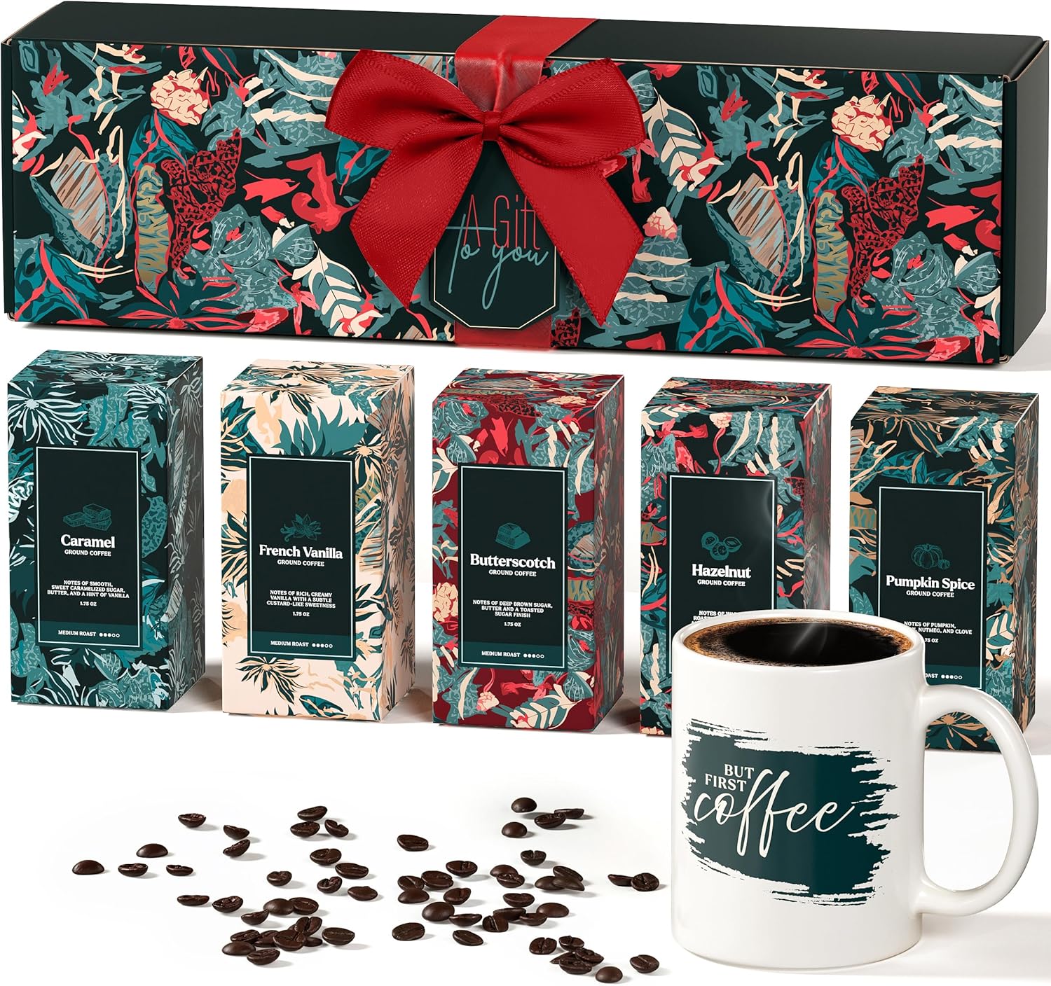 Coffee Gifts Set For Women & Men - Includes 5 Ground Coffee Flavors and Mug - Unique Christmas Gift Set for Women and Men