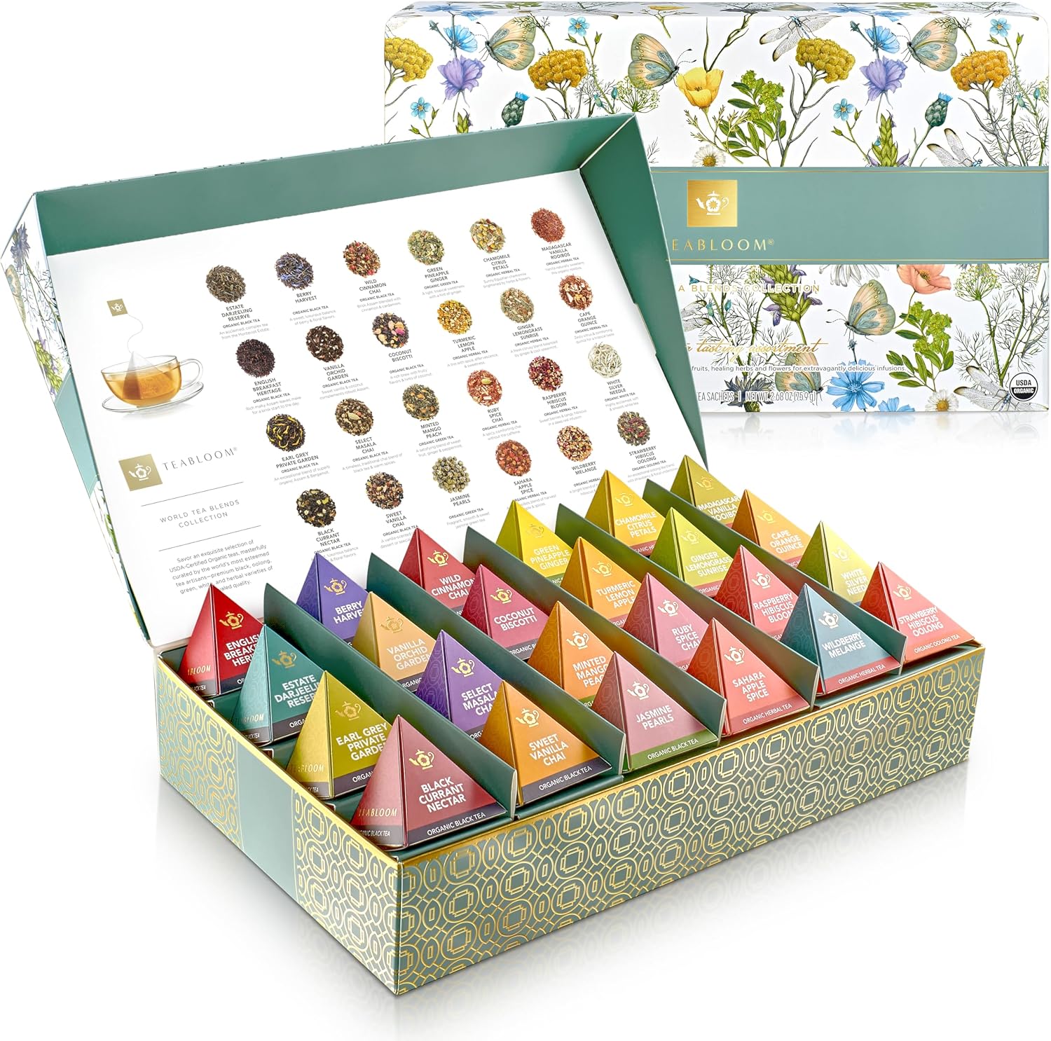 Teabloom - World's Finest Pyramid Tea Collection, 24 Varieties of USDA Certified Organic & Kosher Teas - Black Tea, Green Tea, White Tea, Oolong Tea, and Herbal/Fruit Tea Blends