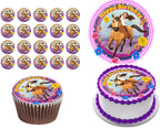 Riding free spirit edible cake topper image Horses- Birthday Icing Topper Icing sheets/Edible decoration INCLUDES: 8" round cake topper + 15 cupcake topper 2" each PRECUT