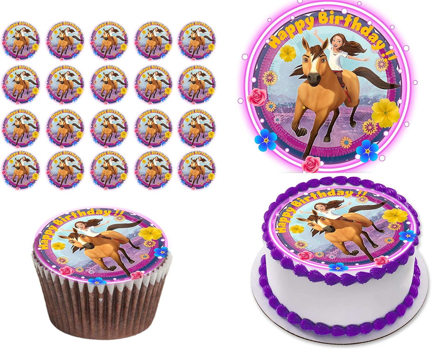 Riding free spirit edible cake topper image Horses- Birthday Icing Topper Icing sheets/Edible decoration INCLUDES: 8" round cake topper + 15 cupcake topper 2" each PRECUT