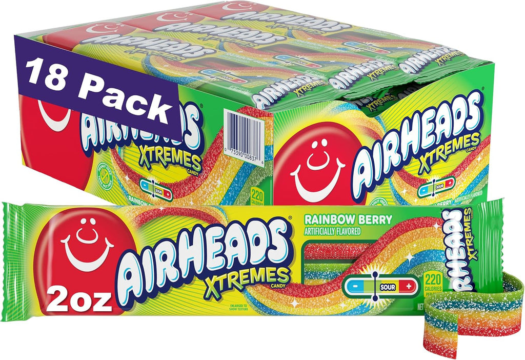 Airheads Xtremes Belts, Rainbow Berry Flavor, Easter Candy, Easter Basket Essentials Stuffers for Kids and Adults, Chewy, 2 Ounces (18-Pack)