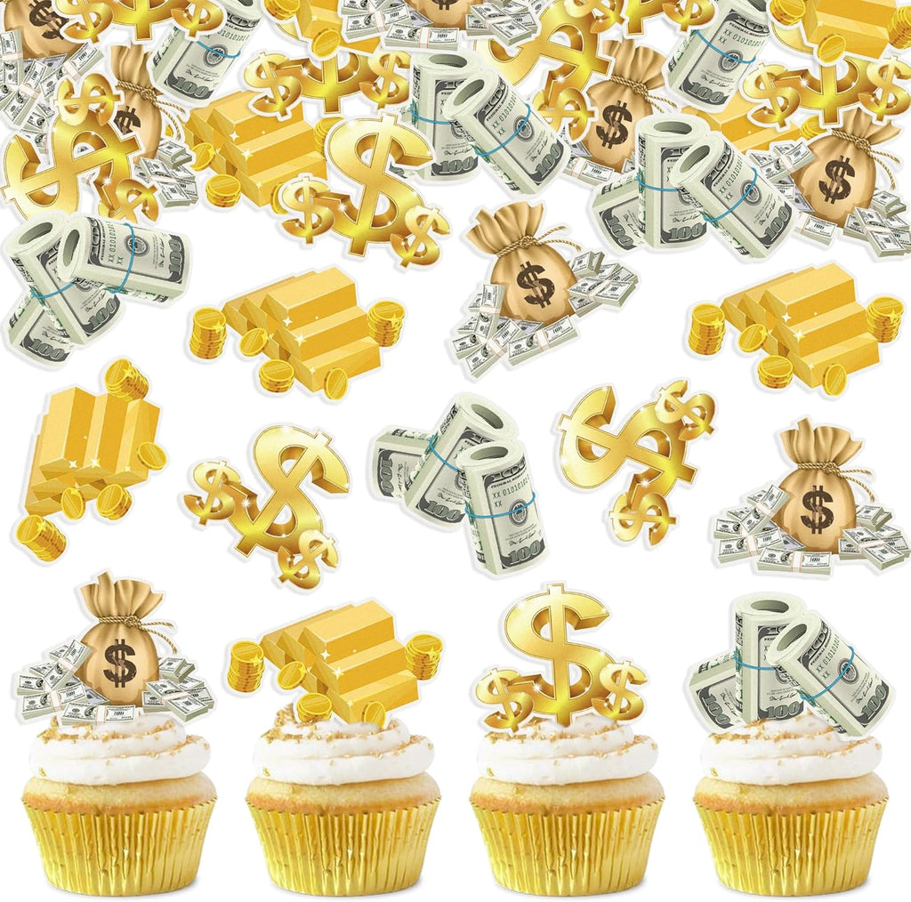 40Pcs Edible Riches Money Cupcake Topper Edible Pre-cut Dollar Gold Cupcake Picks for Banker Financier Wealthy Birthday Party Cupcake Decorations Bank Holiday Finance Gold Theme Party Decors Supplies