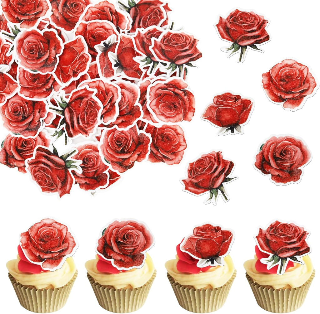48 PCS Edible Rose Cupcake Toppers Wafer Paper Rose Flower Cupcake Picks Rose Edible Cupcake Decorations for Roses Theme Wedding Engagement Valentine's Day Birthday Party Cake Decoration Supplies Red