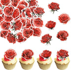 48 PCS Edible Rose Cupcake Toppers Wafer Paper Rose Flower Cupcake Picks Rose Edible Cupcake Decorations for Roses Theme Wedding Engagement Valentine's Day Birthday Party Cake Decoration Supplies Red
