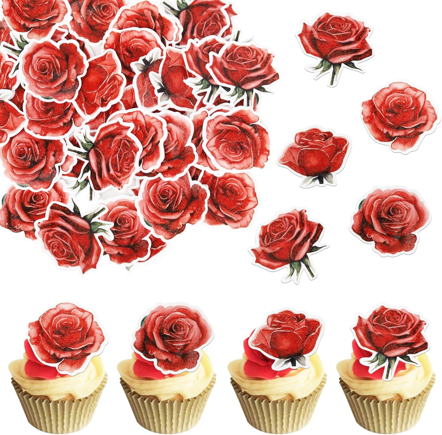 48 PCS Edible Rose Cupcake Toppers Wafer Paper Rose Flower Cupcake Picks Rose Edible Cupcake Decorations for Roses Theme Wedding Engagement Valentine's Day Birthday Party Cake Decoration Supplies Red