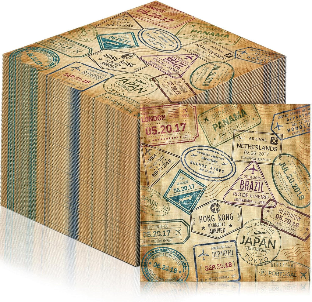 Feifeiya 60 Pcs World Travel Cocktail Paper Napkins 6.5 x 6.5 Inches Disposable Paper Napkins Dessert Beverage Tissue for Decoupage Luncheon Tissue for Theme Party Wedding Birthday Party